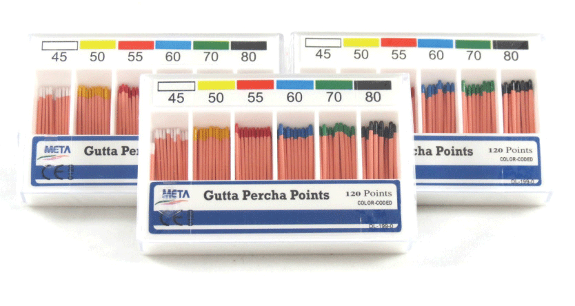 Meta Gutta Percha Points - Taper size 0.02, Color Coded, Sterile, Hand-Rolled, Spill-Proof (variations available)